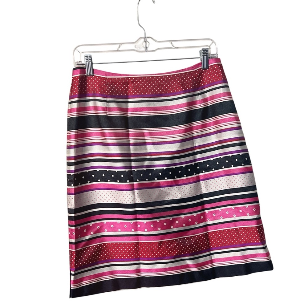 J McLaughlin Striped and Polka Dot Pink, Red, Purple, White and Black Silk Skirt